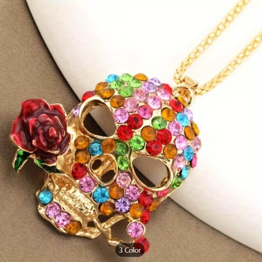 Goldplated Enamel Multicolor Crystal Skull & Rose Pendant Fashion Necklace